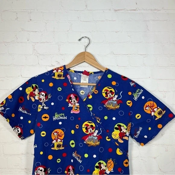 Disney Halloween Mickey Mouse Minnie Scrub Top Women’s Small Blue V Neck - Picture 2 of 11